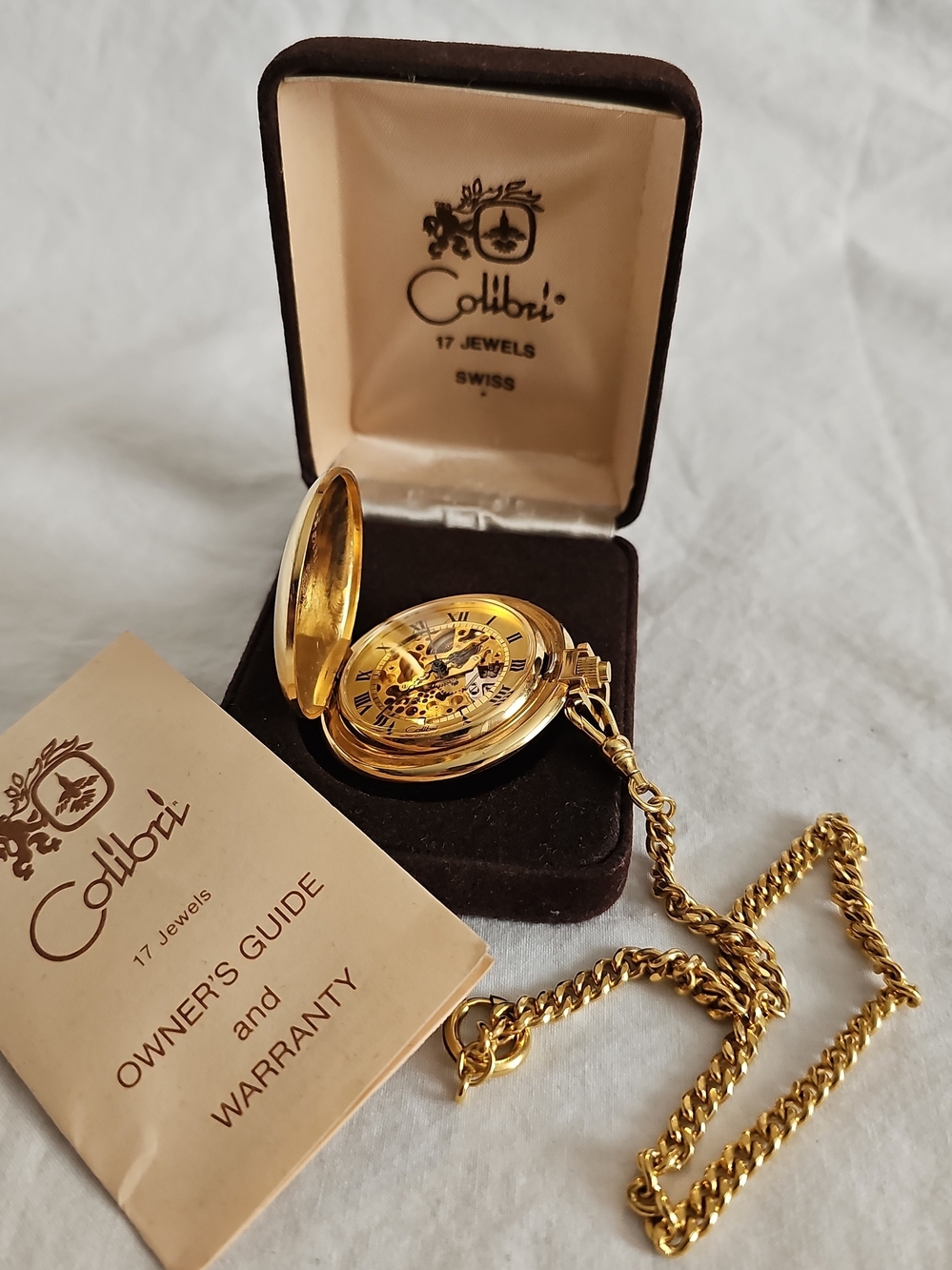 Vintage Colibri Swiss 17 Jewel Skeleton Pocket Watch Box Paper 14K GF Chain MINT